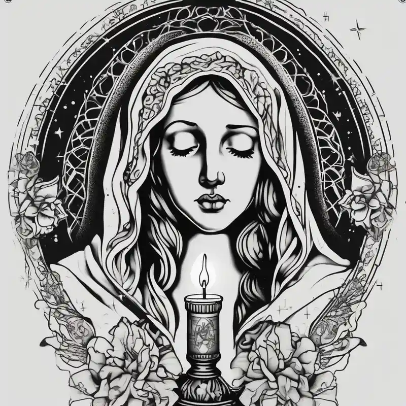 dotwork style 2025年のグリッタータトゥーアイデア about virgin maria holds 1 candle in her hand and tattoo should be full color glitter tattoo